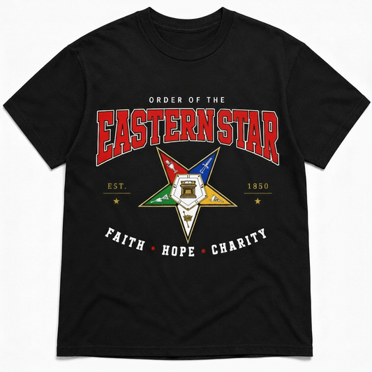 Black Order of the Eastern Star varsity T-shirt with red collegiate lettering, multicolor emblem, EST. 1850, and Faith Hope Charity