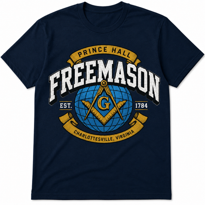 Navy Prince Hall Freemason Heritage T-shirt with globe, square-and-compass, and Charlottesville banner