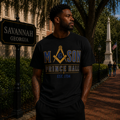 Male model in Savannah wearing the Prince Hall Mason Est. 1784 black T-shirt
