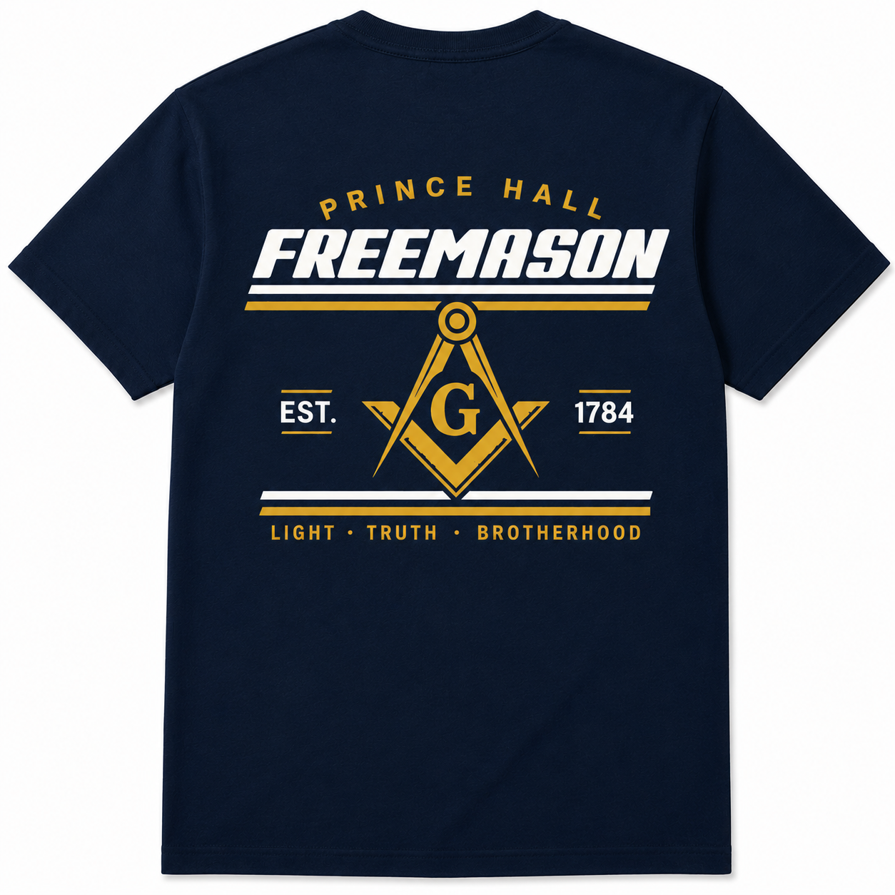 Navy Prince Hall Freemason Brotherhood T-shirt back with large square-and-compass graphic