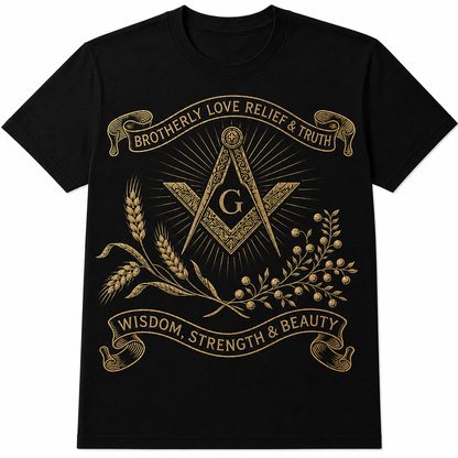 Black Prince Hall Brotherly Love T-shirt front with antique-gold square-and-compass artwork