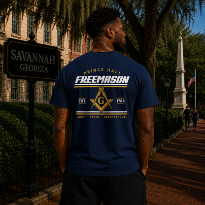 Male model in Savannah wearing the Prince Hall Freemason Brotherhood navy T-shirt back