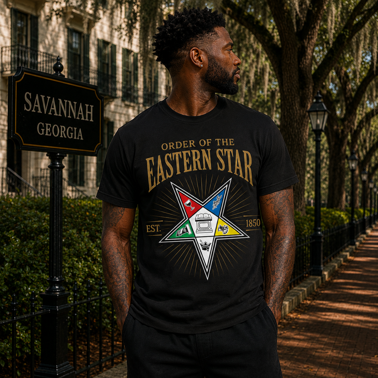Black man wearing the Order of the Eastern Star EST. 1850 black T-shirt outdoors in Savannah, Georgia
