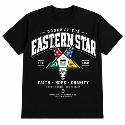 Black Order of the Eastern Star T-shirt with white collegiate lettering, multicolor emblem, and Strength in Sisterhood message