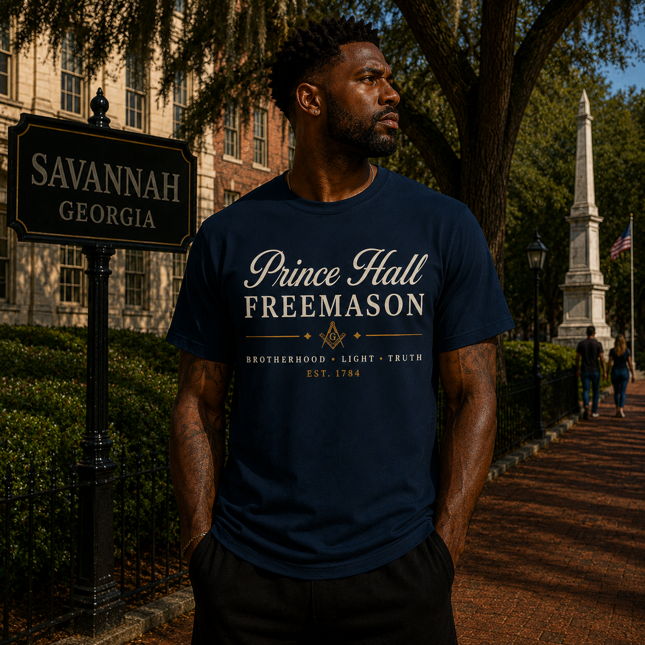 Male model in Savannah wearing the Prince Hall Freemason 1784 navy T-shirt