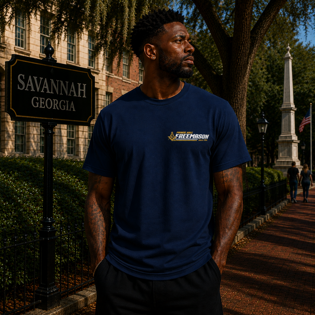 Male model in Savannah wearing the Prince Hall Freemason Brotherhood navy T-shirt front