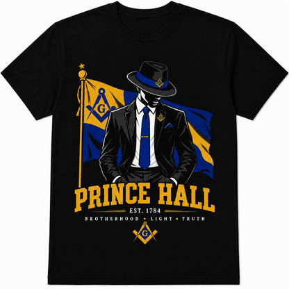 Black Prince Hall Gentleman T-shirt with suited Masonic figure and blue-and-gold heritage artwork