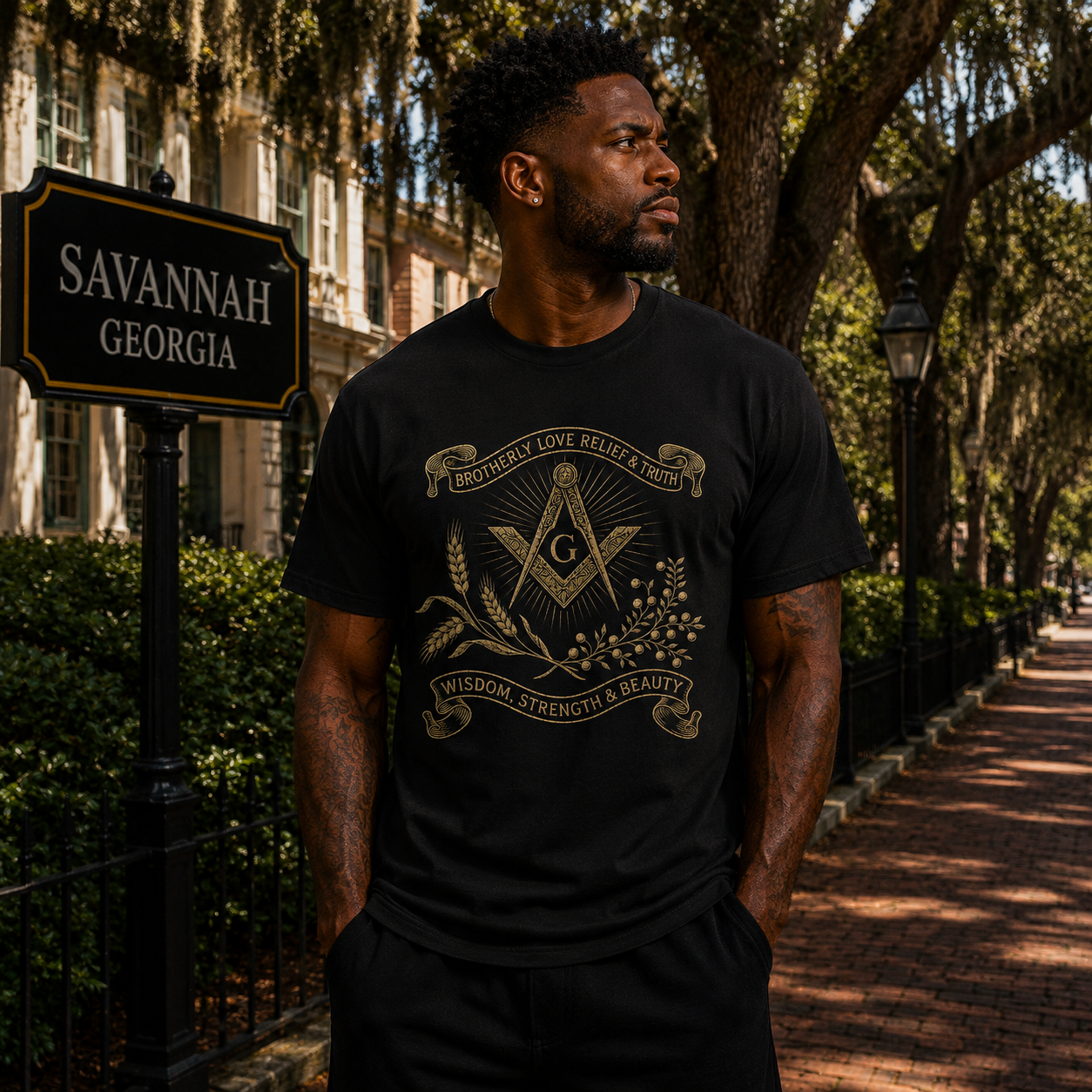Male model in Savannah wearing the Prince Hall Brotherly Love black T-shirt front
