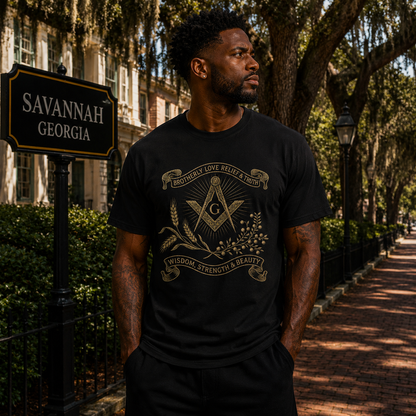 Male model in Savannah wearing the Prince Hall Brotherly Love black T-shirt front