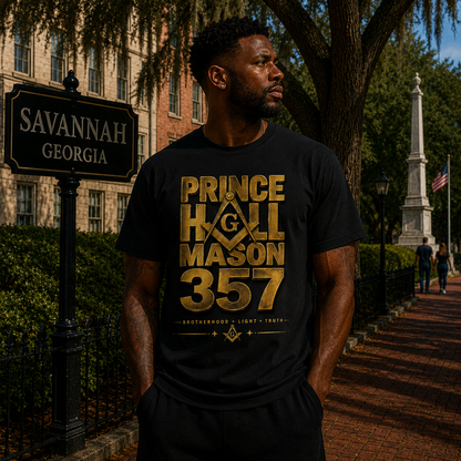 Male model in Savannah wearing the Prince Hall Mason 357 gold black T-shirt