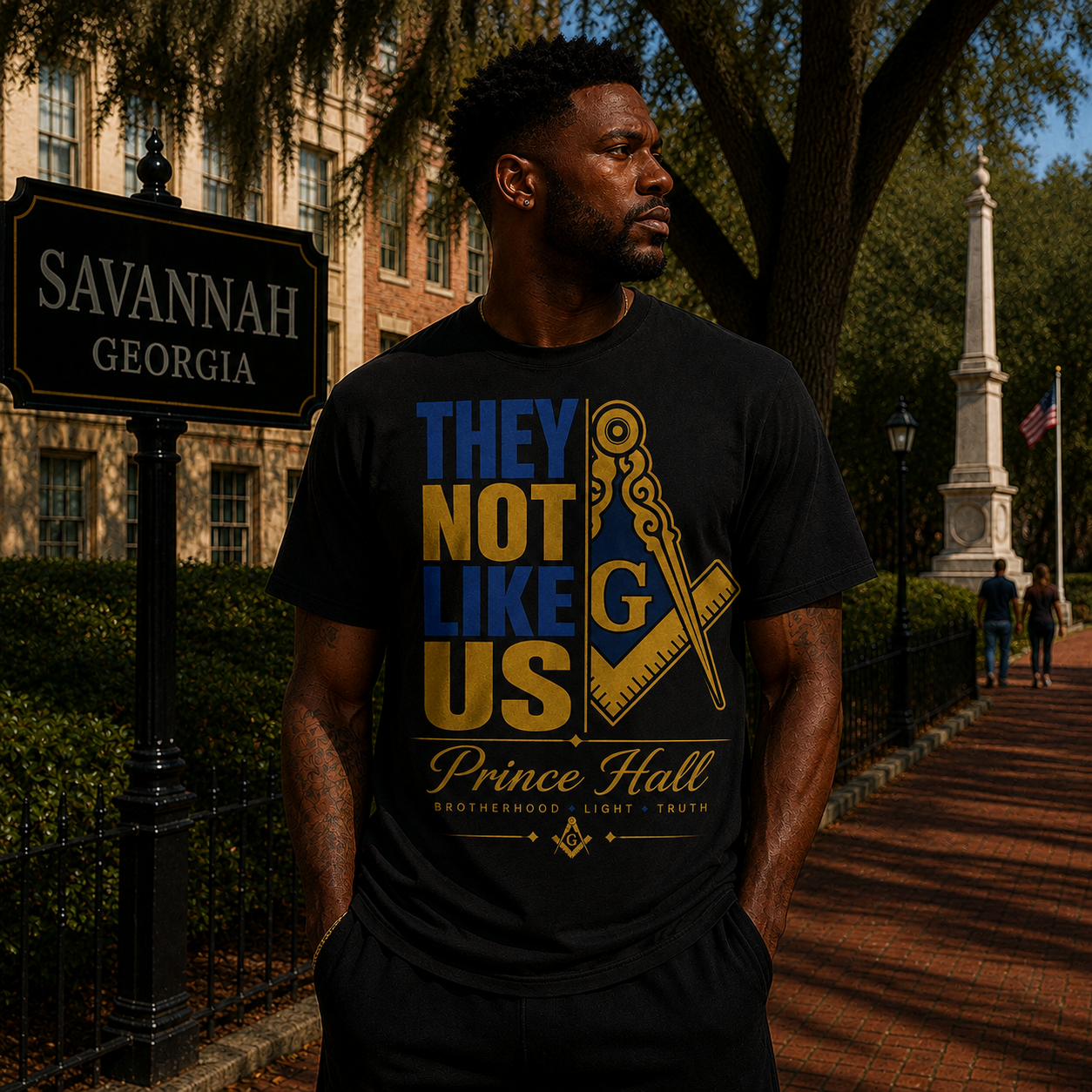 Male model in Savannah wearing the Prince Hall They Not Like Us black T-shirt