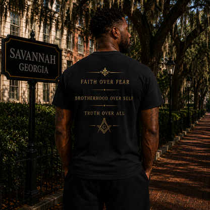 Male model in Savannah wearing the Prince Hall Brotherly Love black T-shirt back