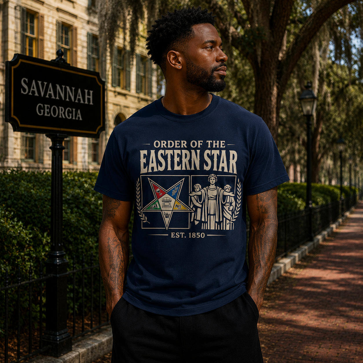Black man wearing the Order of the Eastern Star Heritage Panels navy T-shirt outdoors in Savannah, Georgia