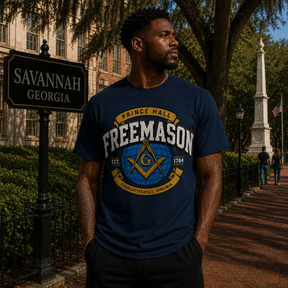 Male model in Savannah wearing the Prince Hall Freemason Heritage navy T-shirt