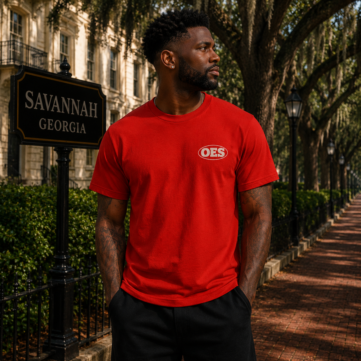 Black man wearing the front of the red Order of the Eastern Star Calm and Steady T-shirt in Savannah, Georgia
