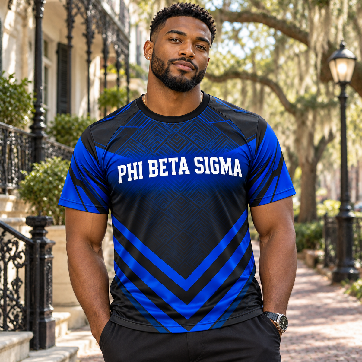 Phi Beta Sigma Royal Blue & Black Geometric All-Over Shirt
