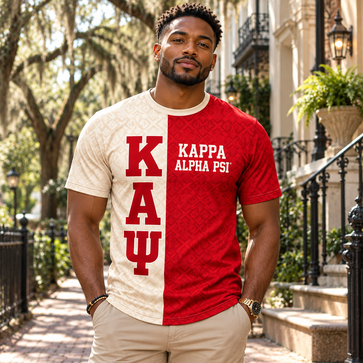 Kappa Alpha Psi Cream & Crimson Split All-Over Print T-Shirt