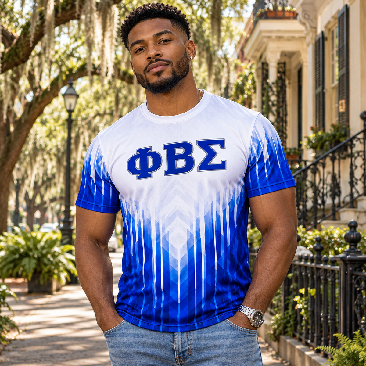 Phi Beta Sigma Royal Blue & White Geometric All-Over Shirt