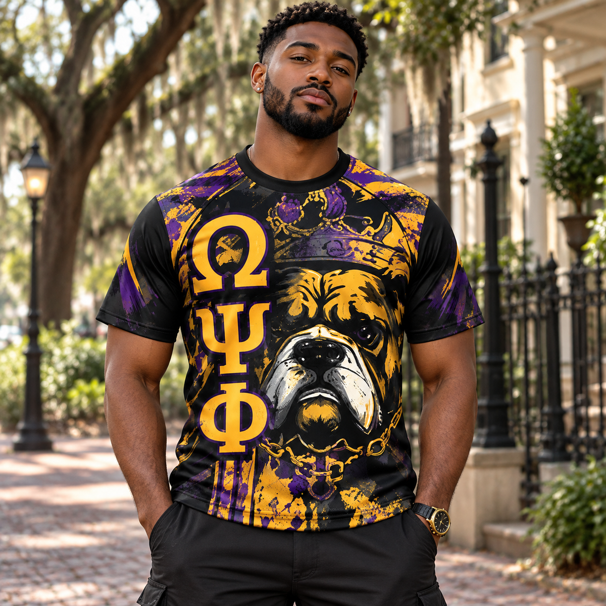 Omega Psi Phi Crowned Bulldog Black Purple & Gold All-Over Shirt