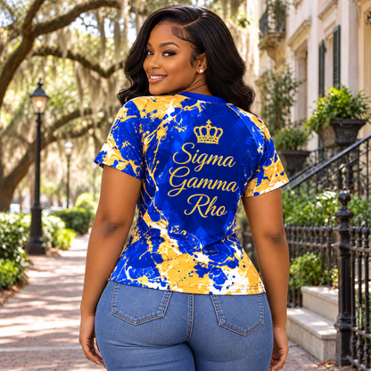 Sigma Gamma Rho Blue Gold Splatter V-Neck All-Over Print Shirt