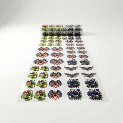 Roll of decorative stickers with various designs on a white background