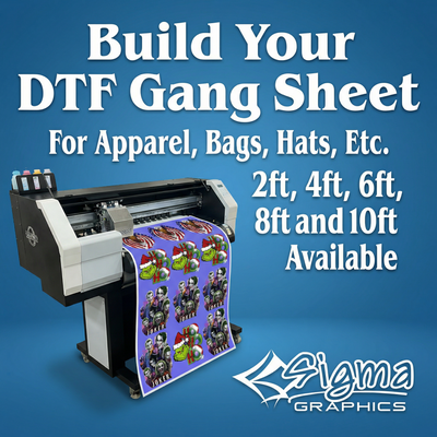 Sigma Graphics DTF printing machine with printed roll on a blue background
