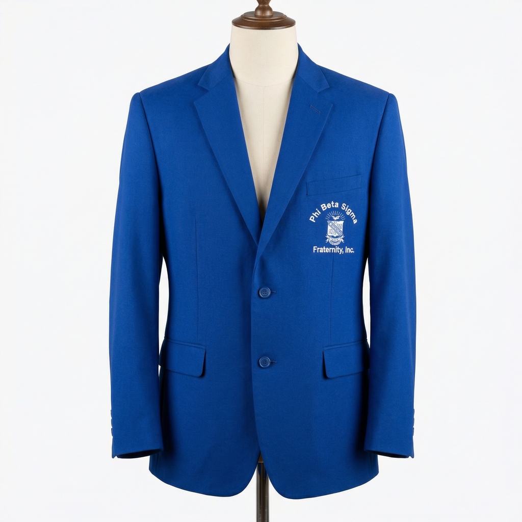 Blue blazer with a logo on a mannequin against a white background