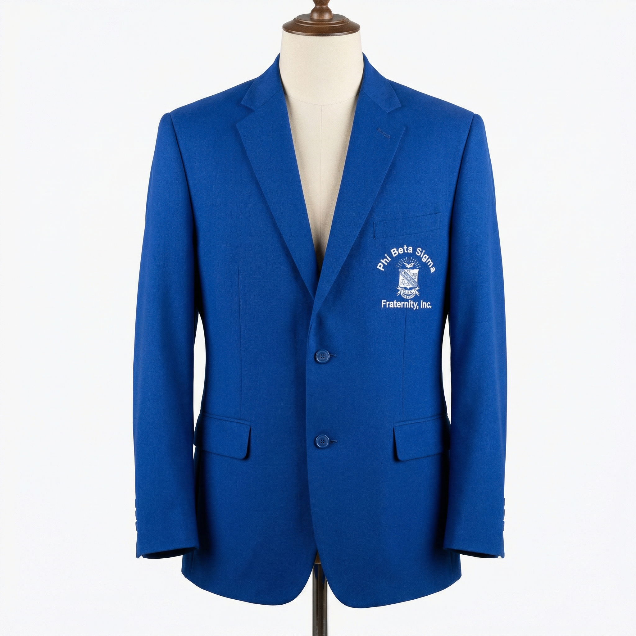 Blue blazer with a logo on a mannequin against a white background