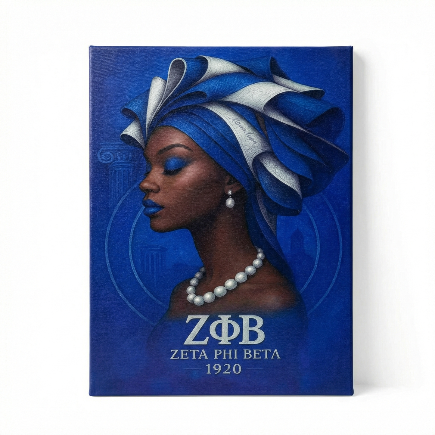 Canvas print with a portrait of a woman wearing a blue and white headwrap, featuring the Zeta Phi Beta logo and text.