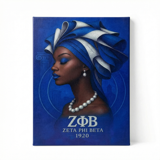 Canvas print with a portrait of a woman wearing a blue and white headwrap, featuring the Zeta Phi Beta logo and text.