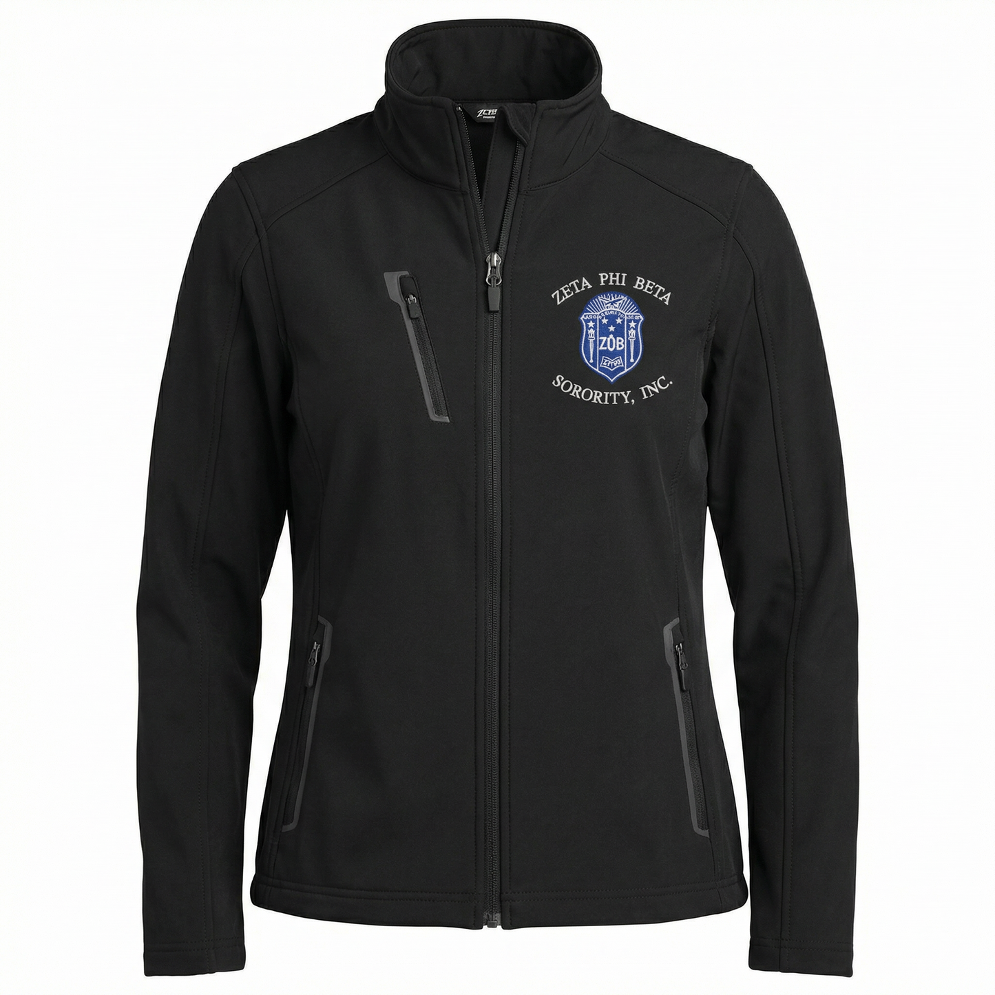 Black jacket with Zeta Phi Beta Sorority, Inc. logo on a white background