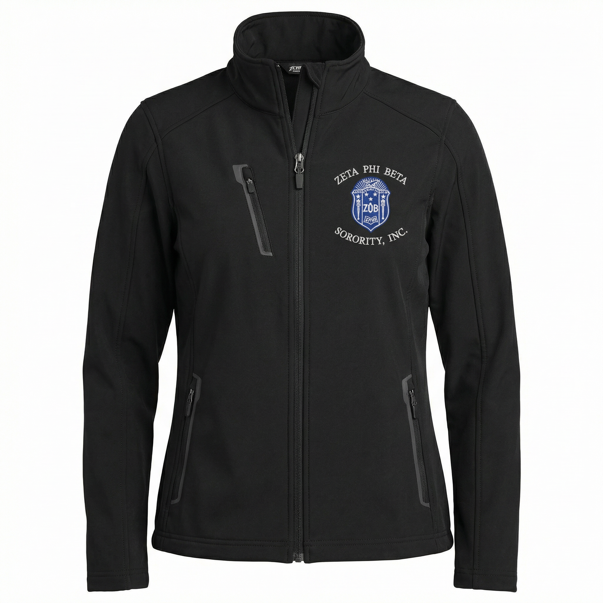 Black jacket with Zeta Phi Beta Sorority, Inc. logo on a white background