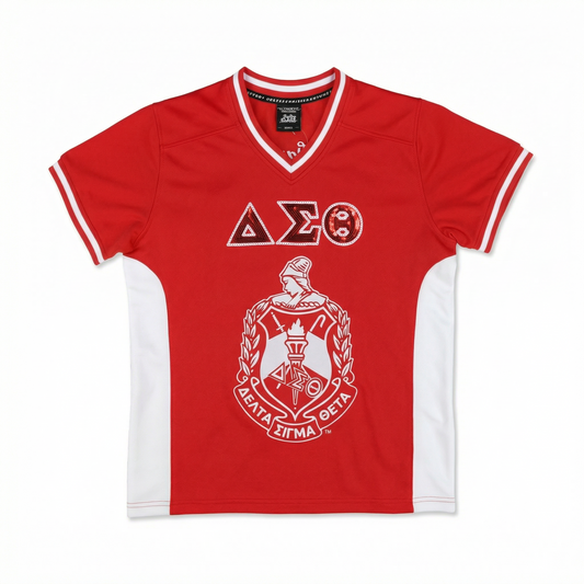 Red and white sports jersey with a logo on a white background