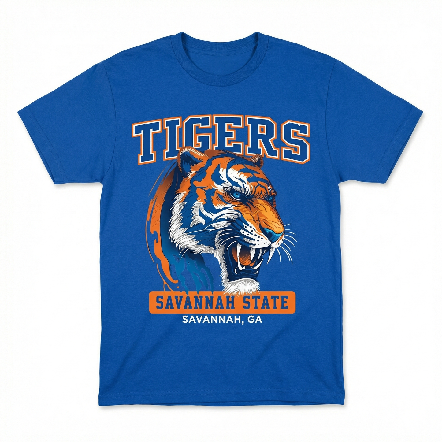 Blue t-shirt with a tiger graphic and 'Tigers Savannah State Savannah, GA' text on a white background