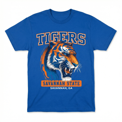 Blue t-shirt with a tiger graphic and 'Tigers Savannah State Savannah, GA' text on a white background