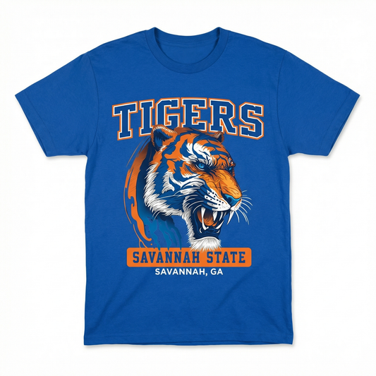 Blue t-shirt with a tiger graphic and 'Tigers Savannah State Savannah, GA' text on a white background
