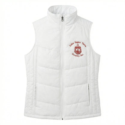 White puffer vest with Delta Sigma Theta logo on a white background
