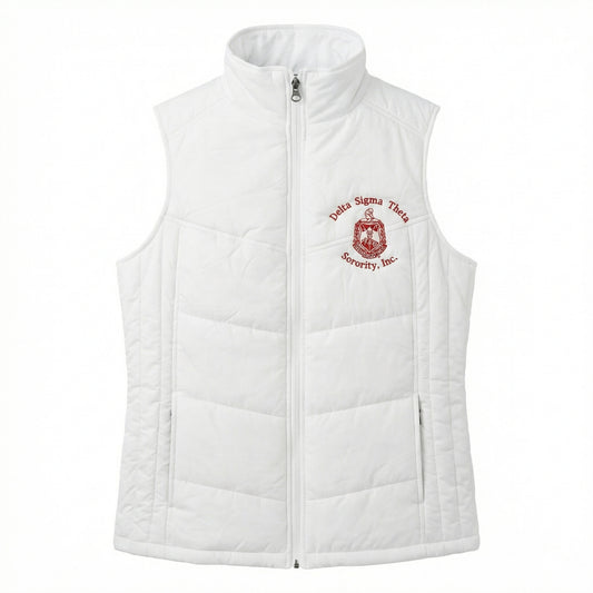White puffer vest with Delta Sigma Theta logo on a white background