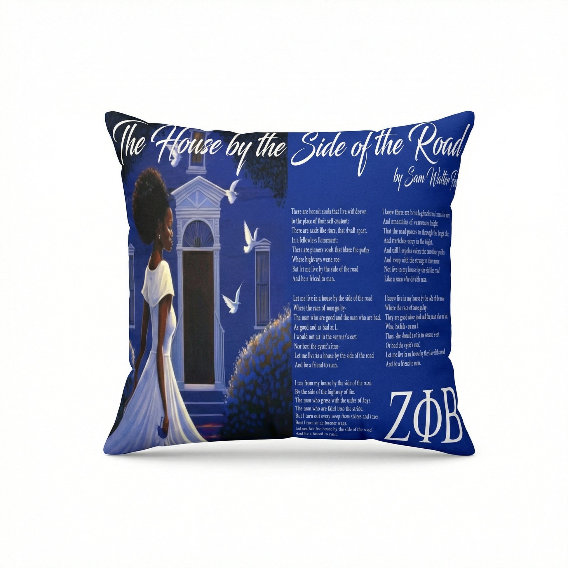 Decorative pillow with a design of a woman, building, and text on a blue background