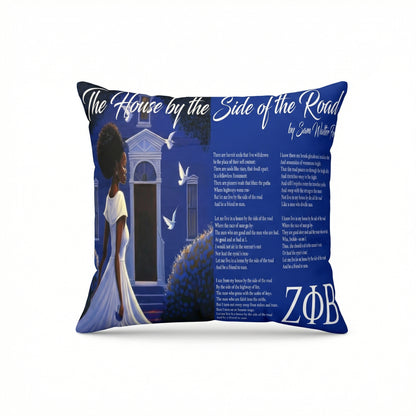 Decorative pillow with a design of a woman, building, and text on a blue background