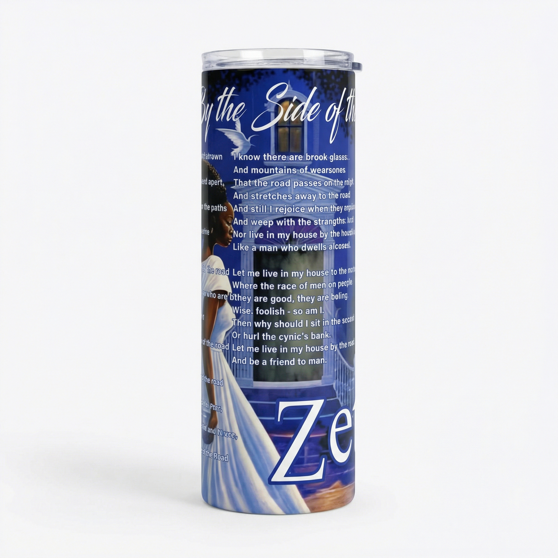 Tumbler with a blue design featuring text and a white object on a white background