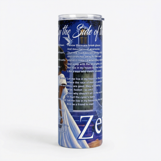 Tumbler with a blue design featuring text and a white object on a white background