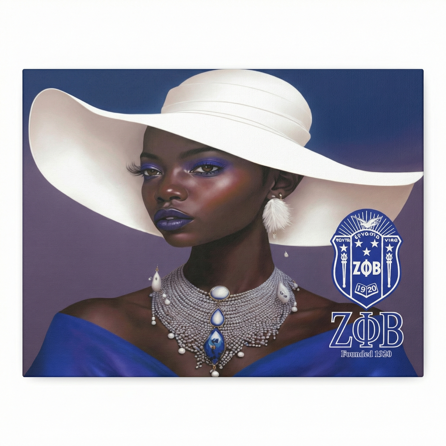 Woman wearing a white hat and blue dress with Zeta Phi Beta sorority logo
