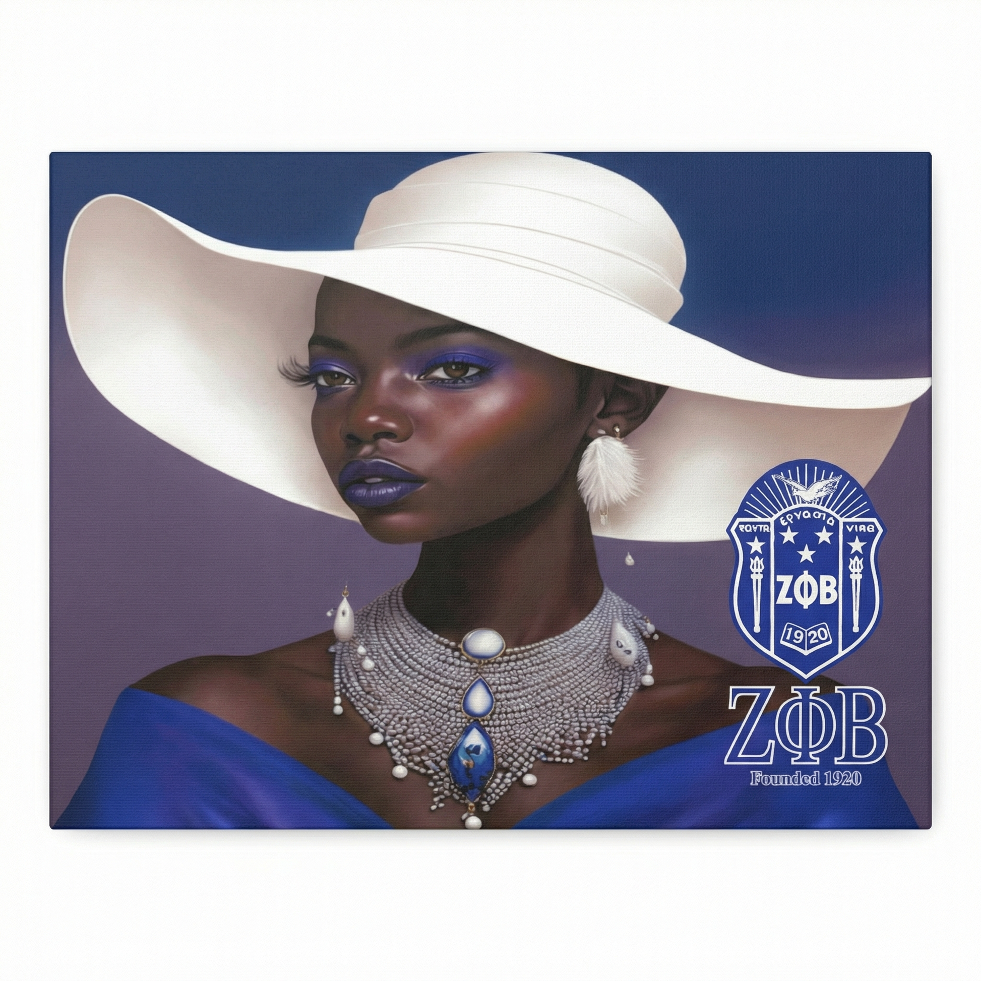 Woman wearing a white hat and blue dress with Zeta Phi Beta sorority logo