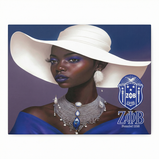 Woman wearing a white hat and blue dress with Zeta Phi Beta sorority logo