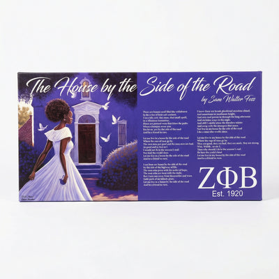 Product packaging for 'The House by the Side of the Road' by Sam Walter Foss, featuring a woman in a white dress and Zeta Phi Beta branding.