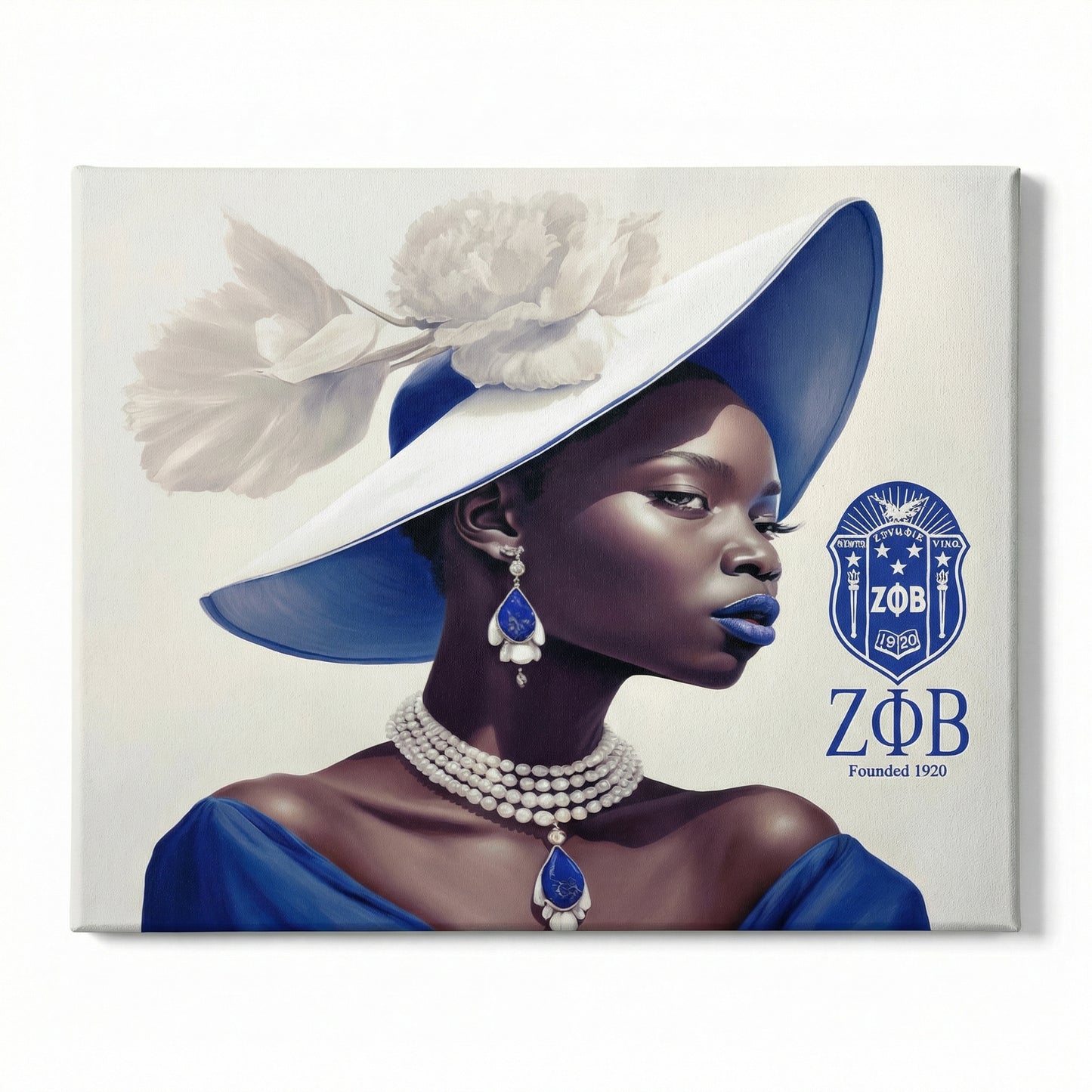 Canvas print of a woman wearing a blue and white hat with Zeta Phi Beta sorority logo.