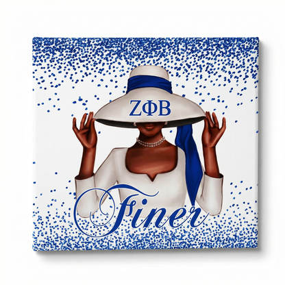 Canvas print with a woman wearing a sun hat with 'Zeta Phi Beta' letters, on a blue and white polka dot background.