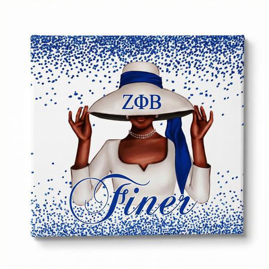 Canvas print with a woman wearing a sun hat with 'Zeta Phi Beta' letters, on a blue and white polka dot background.