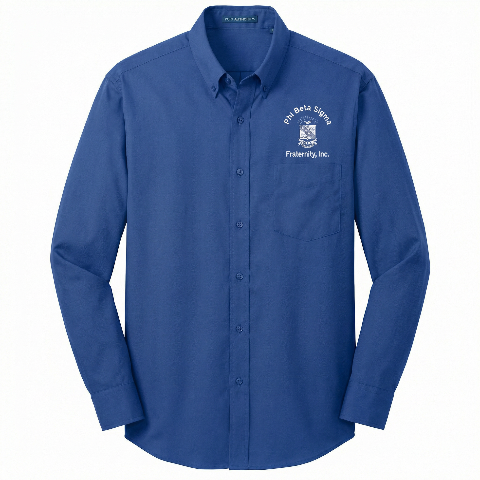 Blue button-up shirt with a logo on the chest against a white background